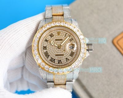 Swiss Rolex Iced Out Datejust Roman Markers Diamonds Bezel Replica Watch 42mm